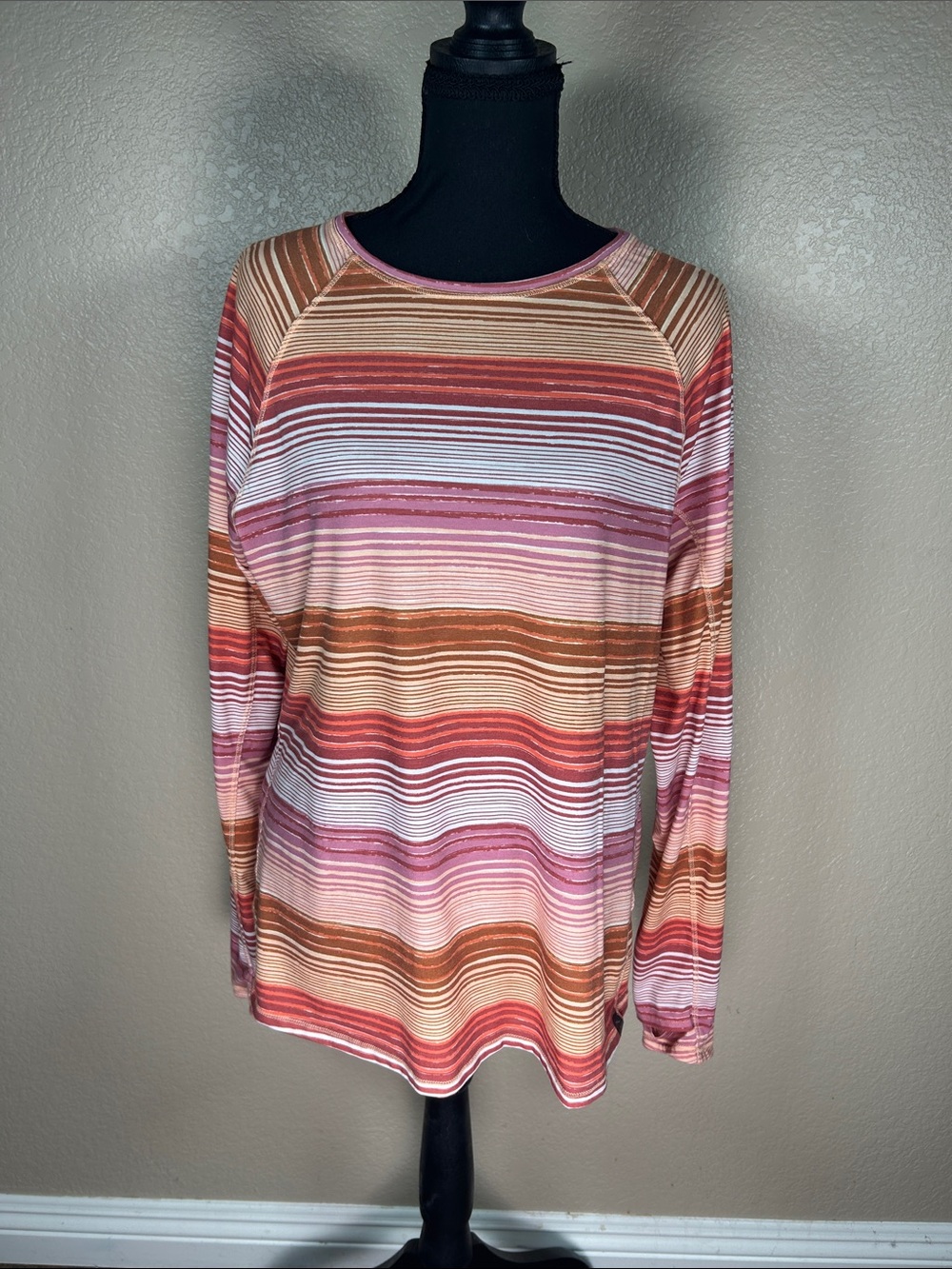 L.L. Bean Women’s Large Striped Long Sleeve Top Pink Brown Polyester Blend